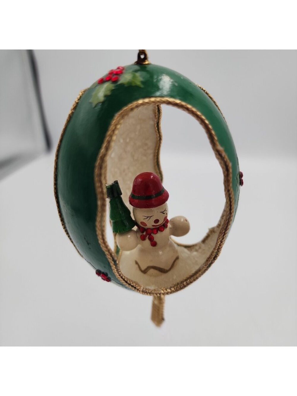 Vintage Handmade Christmas Ornament Egg Green Snowman